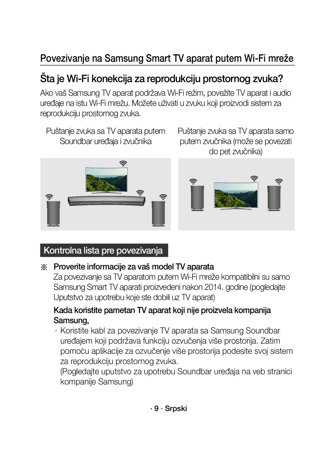 Samsung WAM3501/EN Šta je Wi-Fi konekcija za reprodukciju prostornog zvuka?, Kontrolna lista pre povezivanja, · 9 · Srpski 