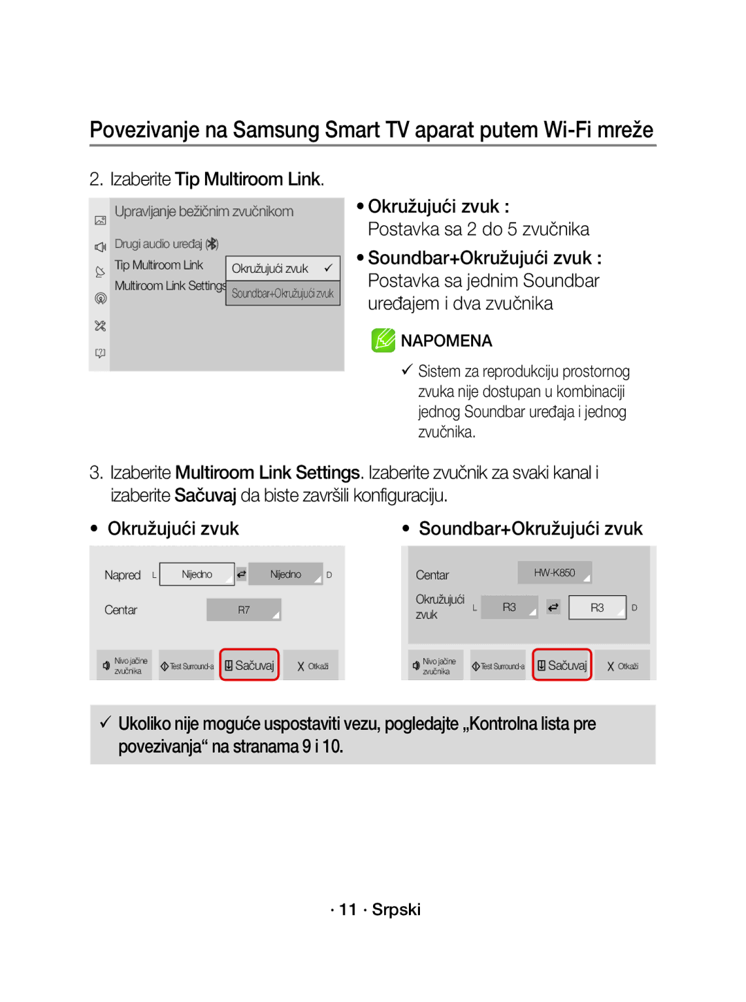 Samsung WAM3501/EN manual Izaberite Tip Multiroom Link, Okružujući zvuk Postavka sa 2 do 5 zvučnika, · 11 · Srpski, Nijedno 