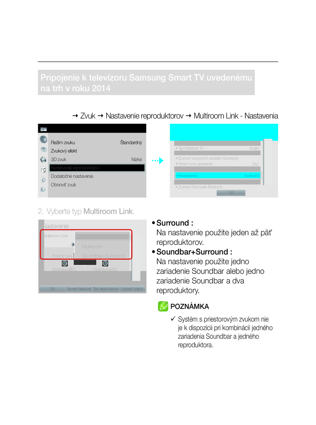 Samsung WAM3501/EN Ponukách vyberte položku Multiroom Link Nastavenia, · 14 · Slovensky, Zvuk Nastavenie reproduktorov 