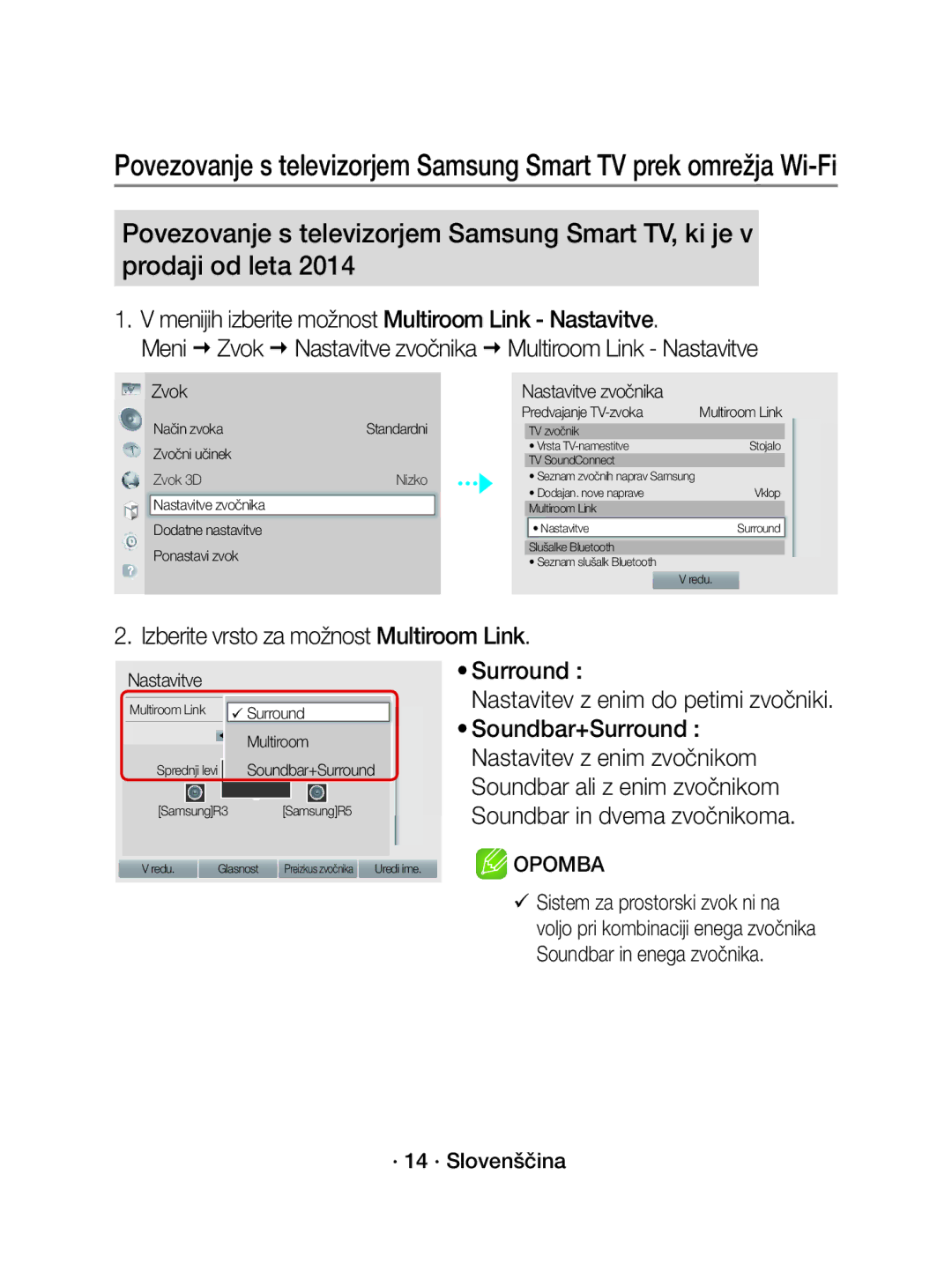 Samsung WAM3501/XN manual Menijih izberite možnost Multiroom Link Nastavitve, Izberite vrsto za možnost Multiroom Link 