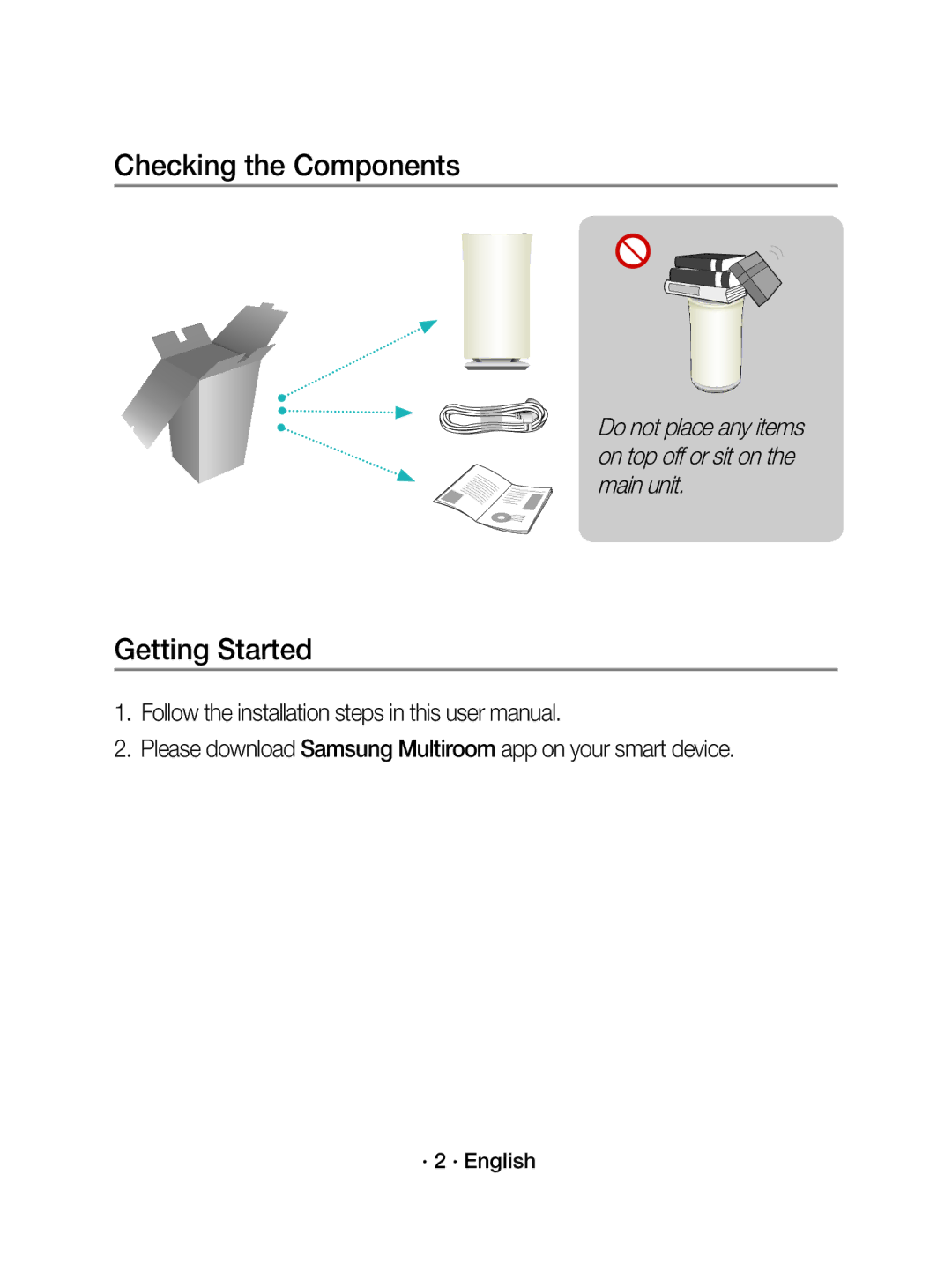 Samsung WAM3501/XN Checking the Components, Getting Started, Please download Samsung Multiroom app on your smart device 