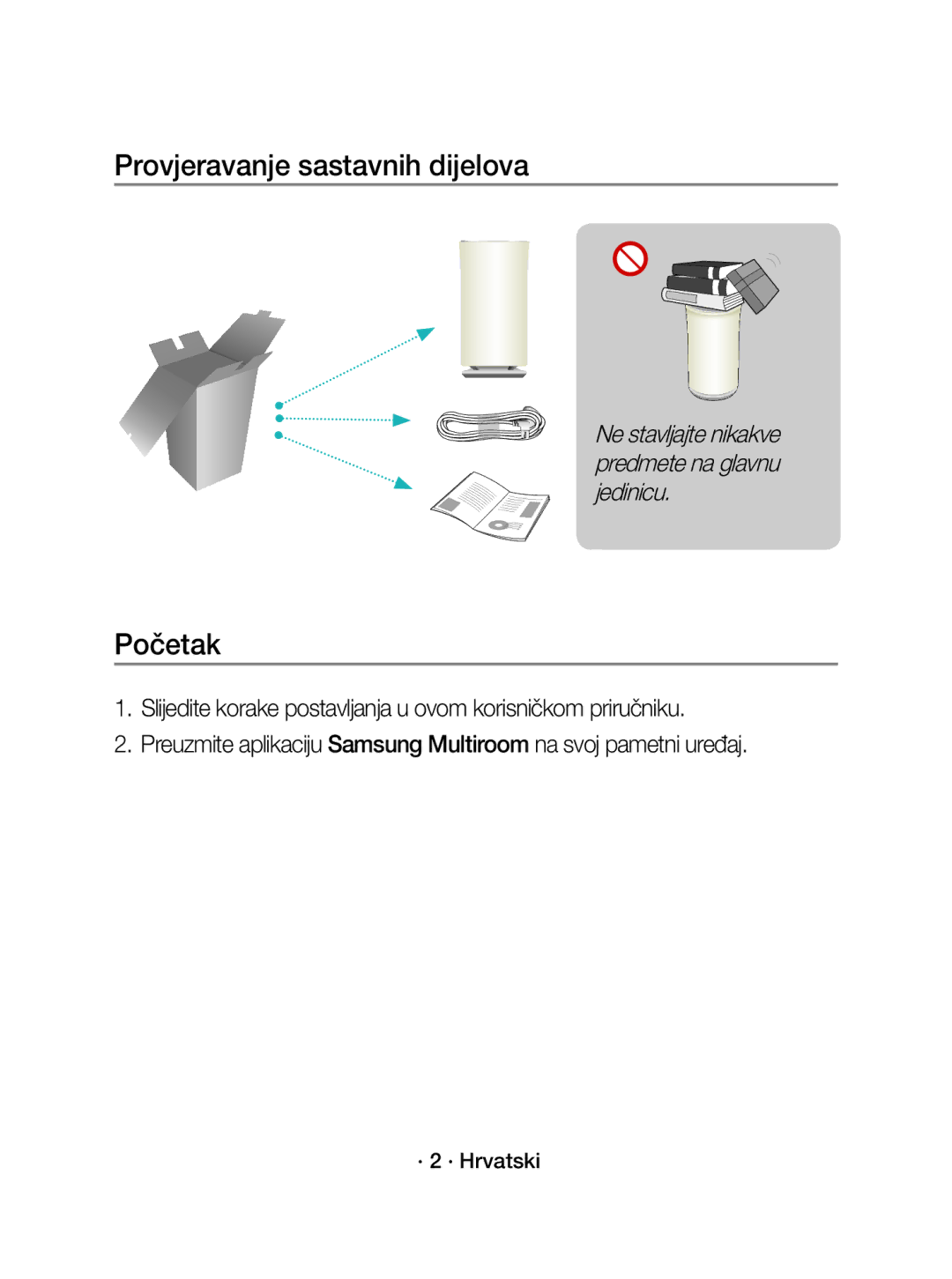 Samsung WAM3501/XN, WAM3501/EN manual Provjeravanje sastavnih dijelova, Početak, · 2 · Hrvatski 