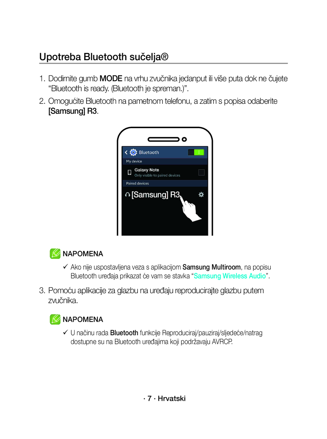 Samsung WAM3501/EN, WAM3501/XN manual Upotreba Bluetooth sučelja, Samsung R3, · 7 · Hrvatski 