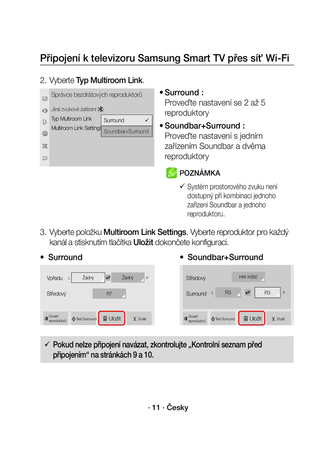 Samsung WAM3501/XN Vyberte Typ Multiroom Link, Surround Proveďte nastavení se 2 až 5 reproduktory, · 11 · Česky, Žádný 