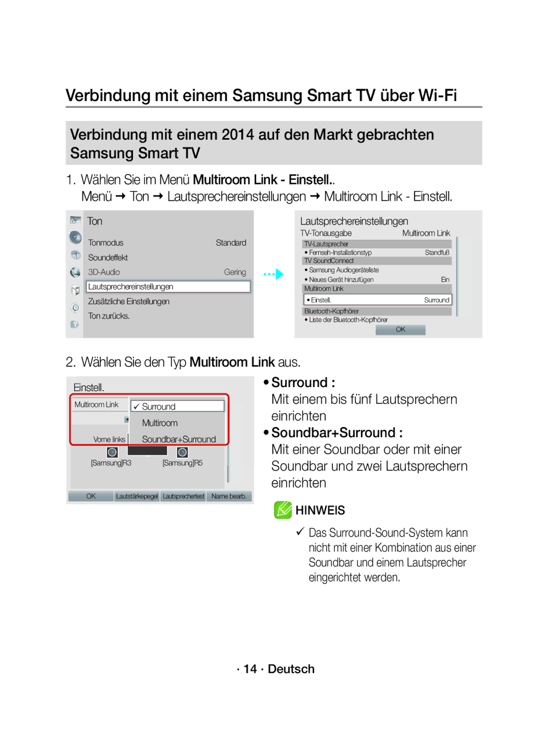 Samsung WAM3501/XN manual Wählen Sie im Menü Multiroom Link Einstell, Wählen Sie den Typ Multiroom Link aus, · 14 · Deutsch 