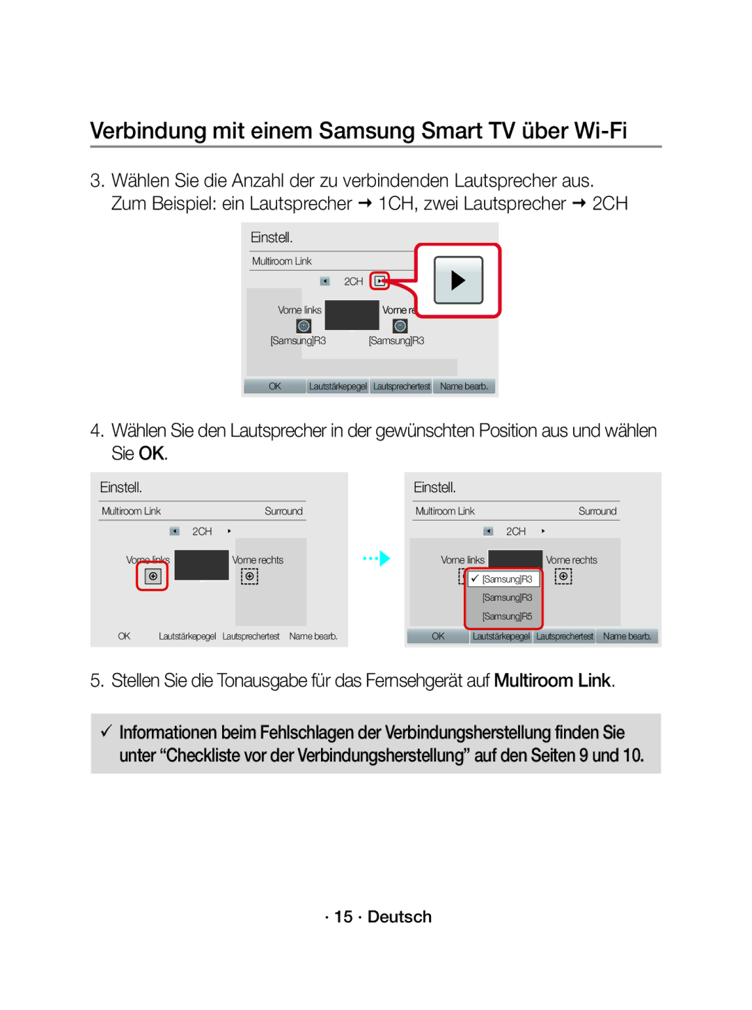 Samsung WAM3501/EN, WAM3501/XN manual · 15 · Deutsch, Vorne re chts, Vorne rechts 