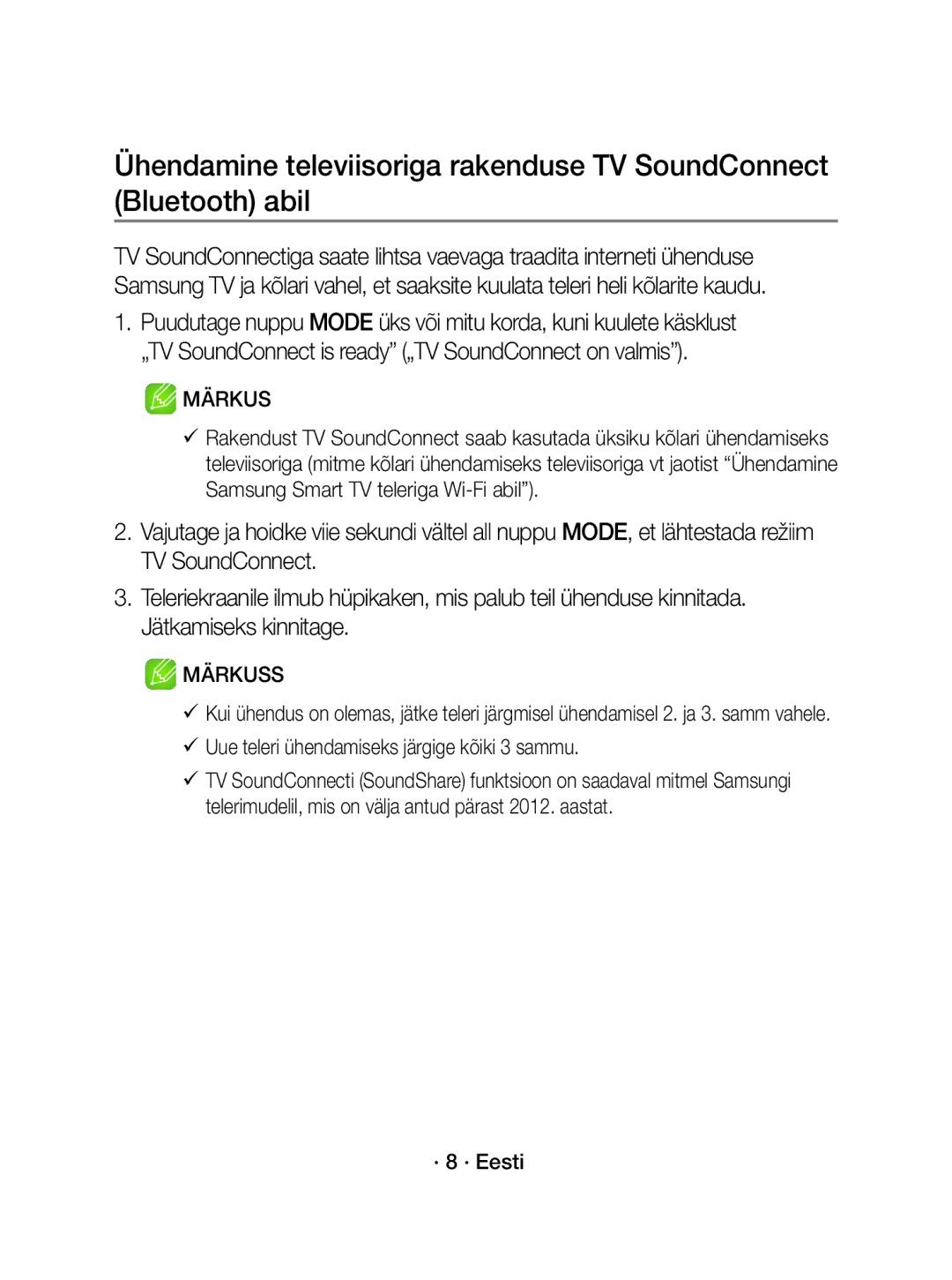 Samsung WAM3501/EN, WAM3501/XN manual  Uue teleri ühendamiseks järgige kõiki 3 sammu, · 8 · Eesti 