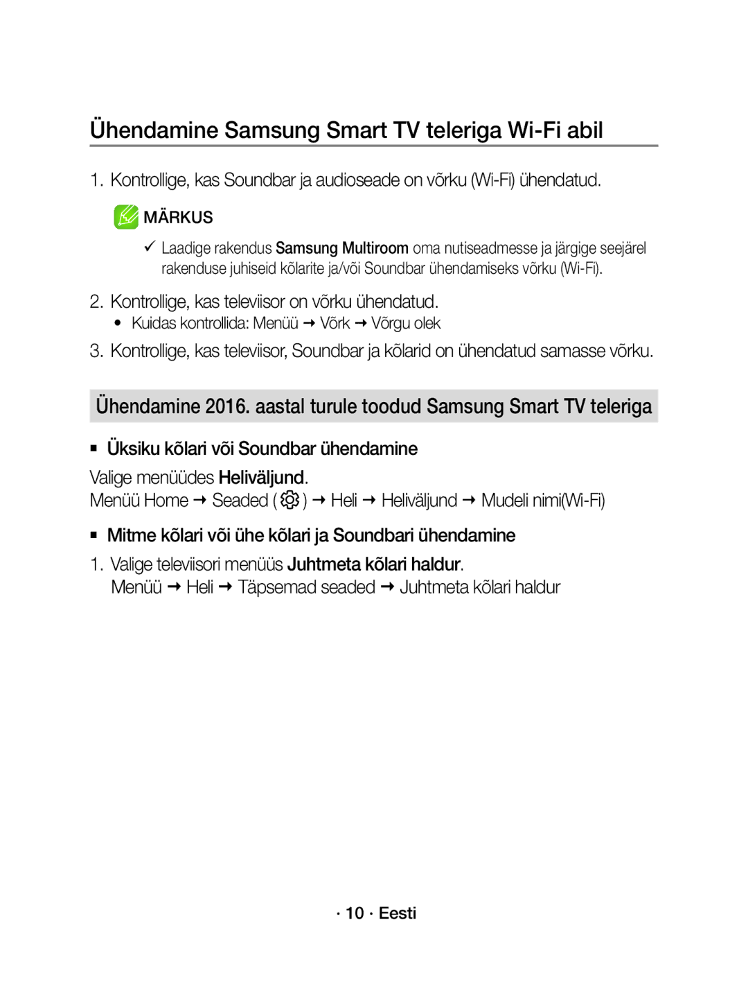 Samsung WAM3501/EN manual Ühendamine Samsung Smart TV teleriga Wi-Fi abil, Kontrollige, kas televiisor on võrku ühendatud 