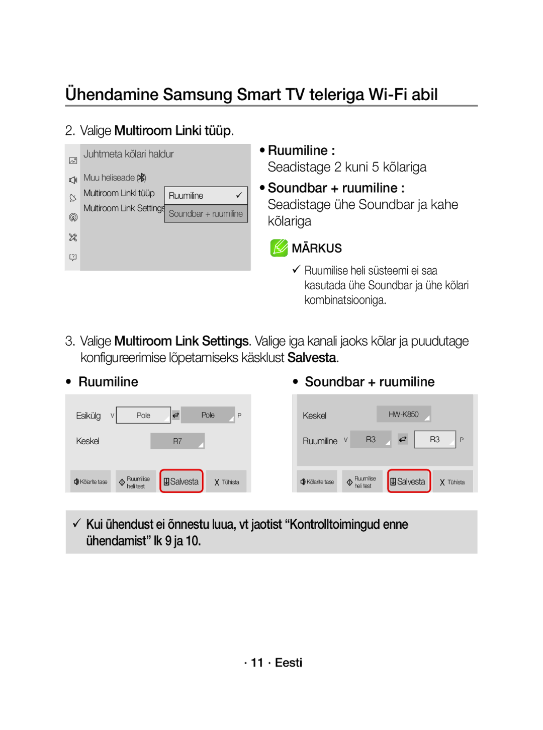 Samsung WAM3501/XN, WAM3501/EN manual Valige Multiroom Linki tüüp, Soundbar + ruumiline, · 11 · Eesti, Muu heliseade, Pole 