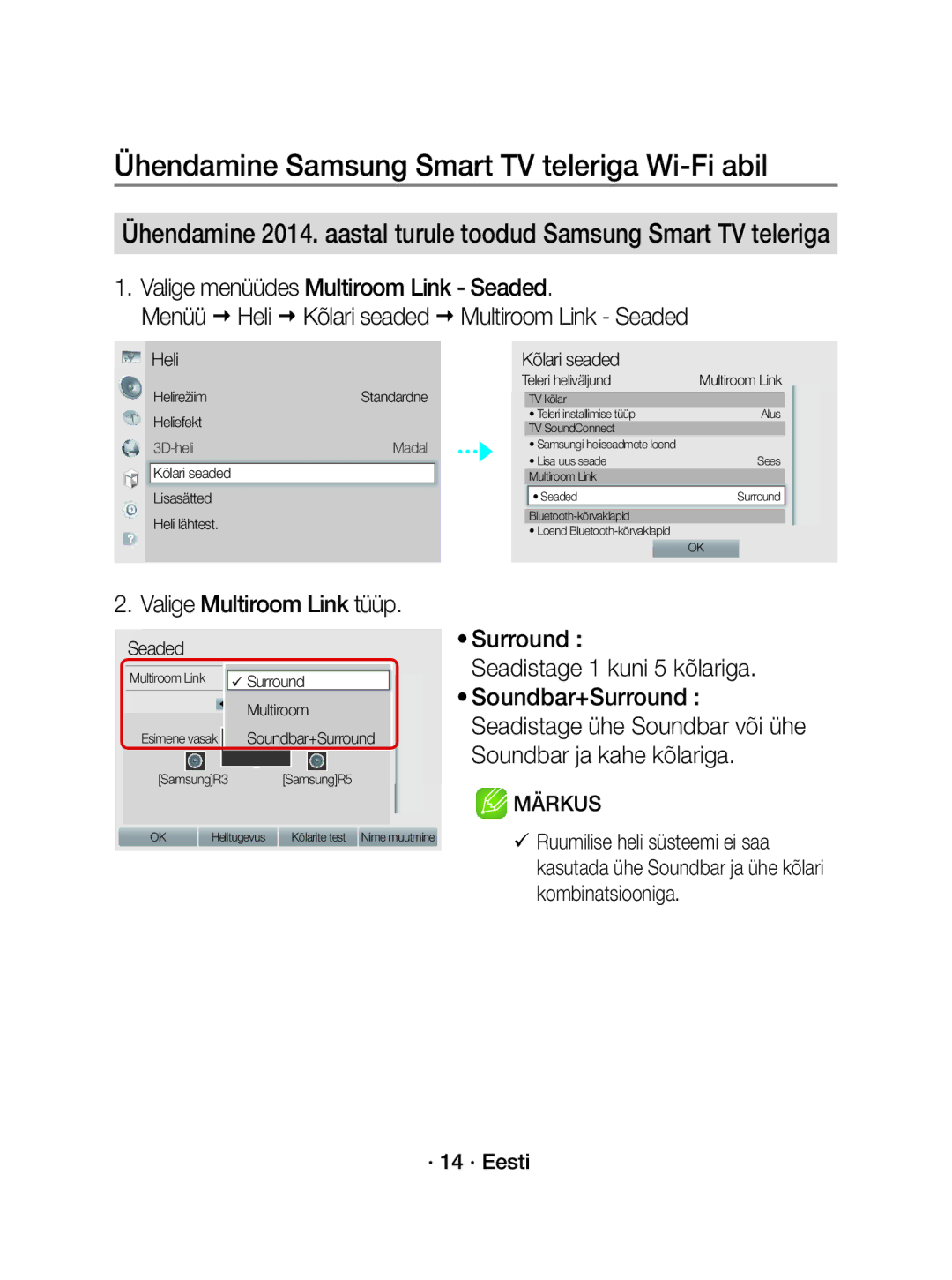 Samsung WAM3501/EN manual Valige Multiroom Link tüüp, Surround Seadistage 1 kuni 5 kõlariga, Heli Kõlari seaded, Seaded 