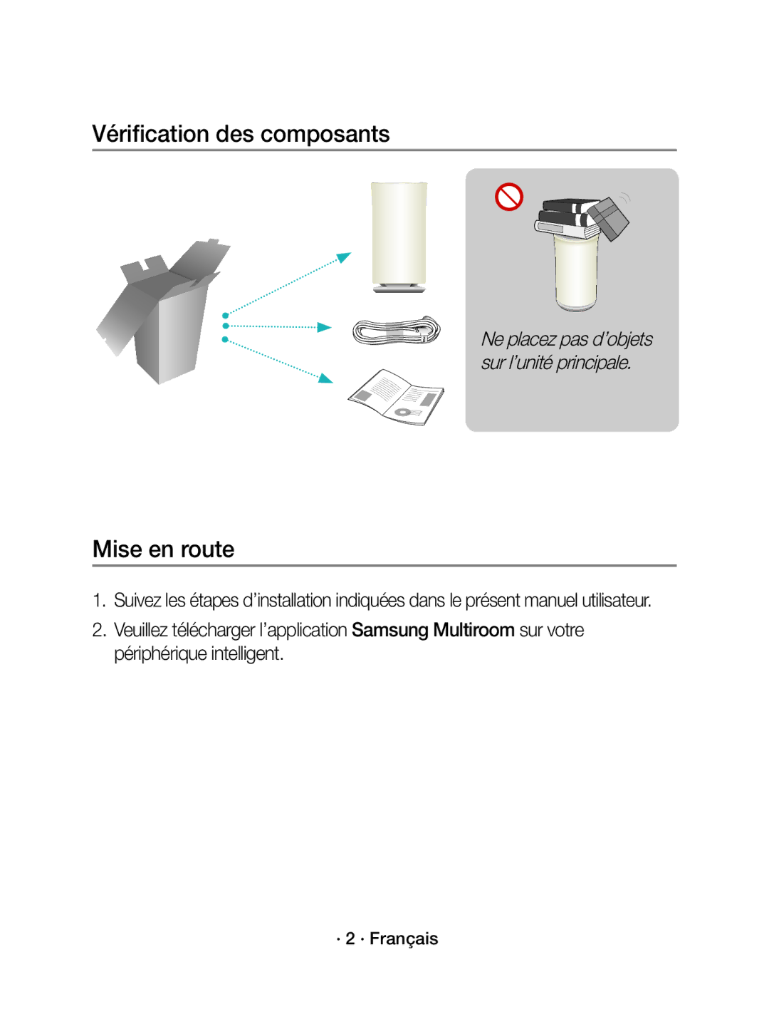 Samsung WAM3501/XN, WAM3501/EN manual Vérification des composants, Mise en route, · 2 · Français 