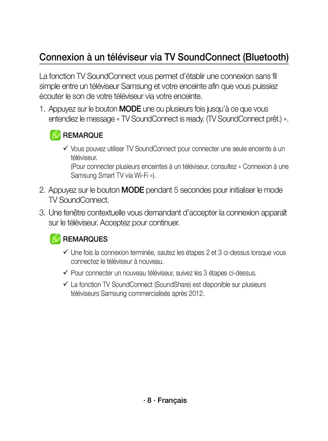 Samsung WAM3501/XN, WAM3501/EN manual Connexion à un téléviseur via TV SoundConnect Bluetooth, · 8 · Français 