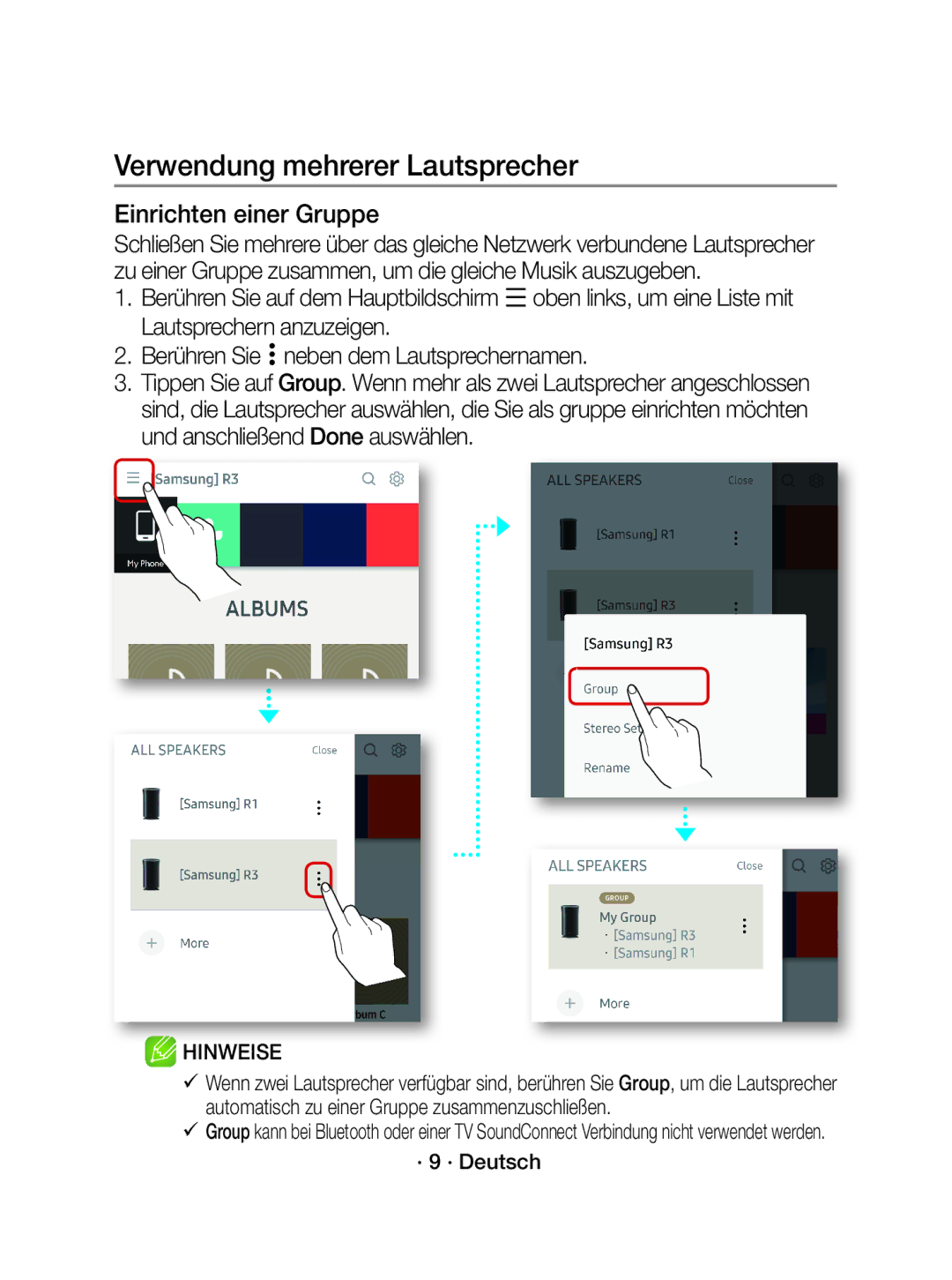 Samsung WAM3501/XN, WAM3501/EN manual Verwendung mehrerer Lautsprecher, Einrichten einer Gruppe, · 9 · Deutsch 