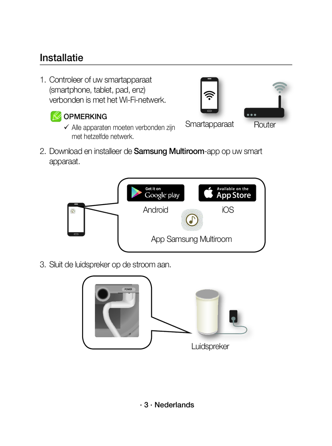 Samsung WAM3501/EN, WAM3501/XN manual Installatie, Luidspreker, · 3 · Nederlands 