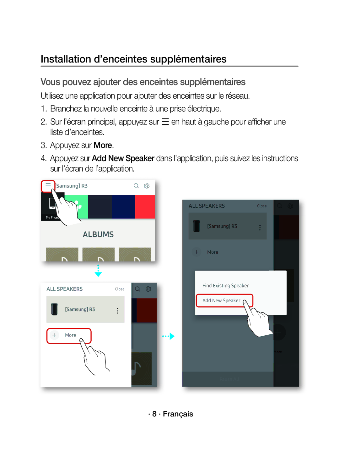 Samsung WAM3501/EN, WAM3501/XN manual Installation d’enceintes supplémentaires, · 8 · Français 