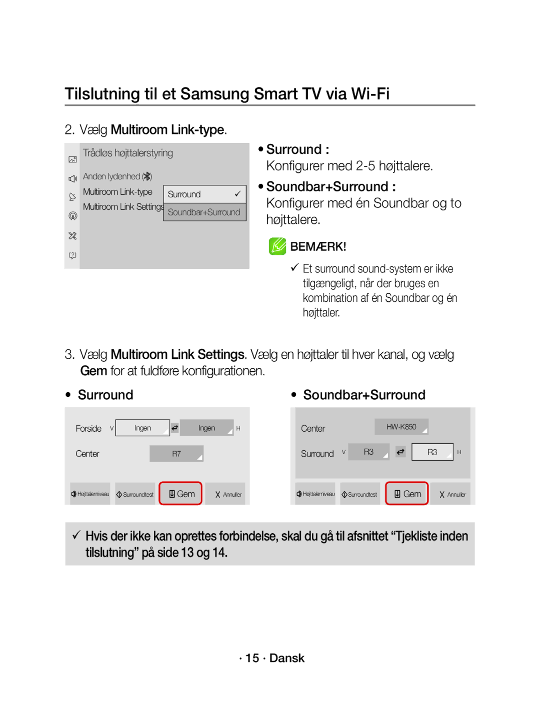 Samsung WAM3501/XE manual Vælg Multiroom Link-type, Soundbar+Surround, · 15 · Dansk 