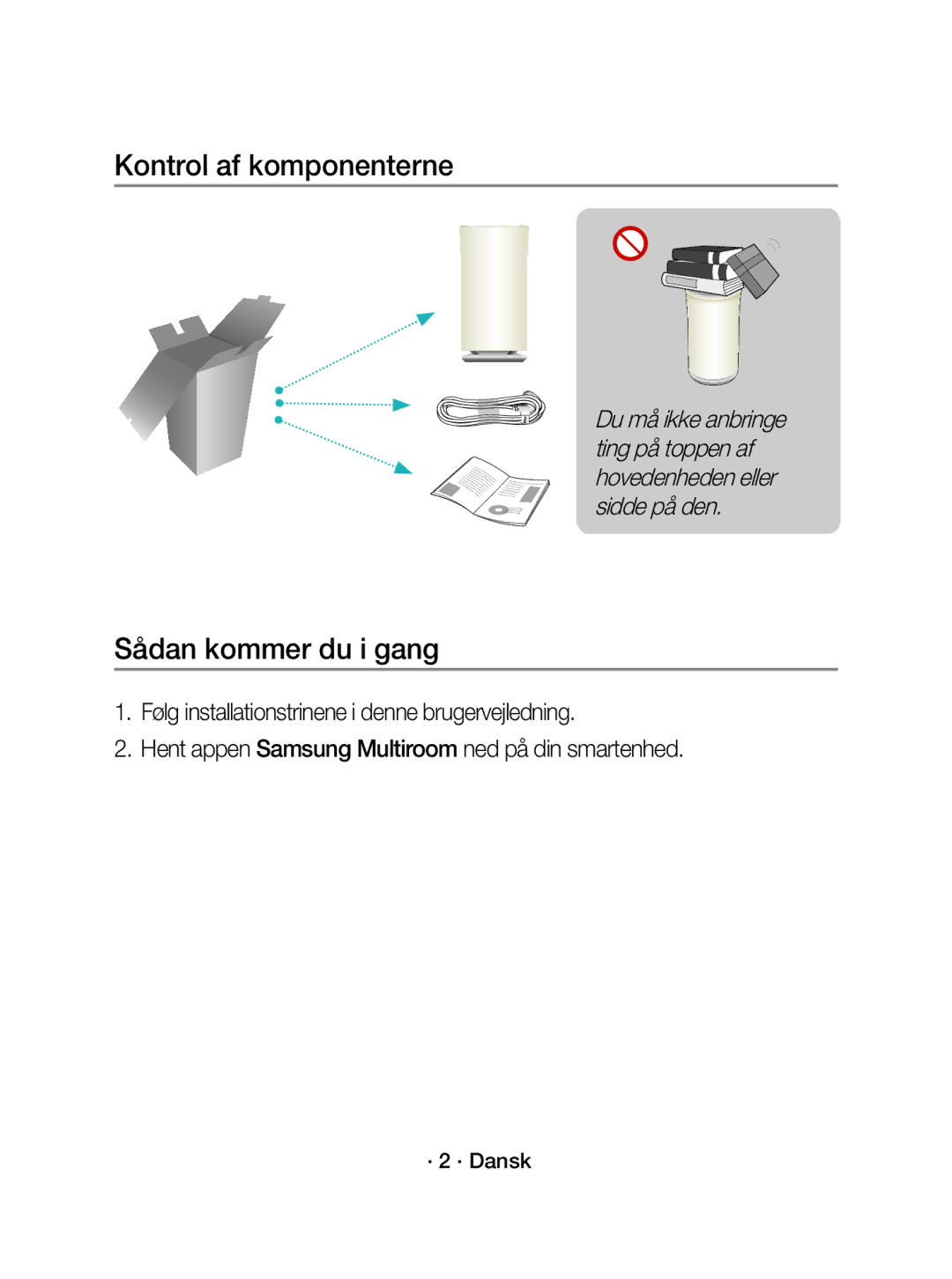 Samsung WAM3501/XE manual Kontrol af komponenterne, Sådan kommer du i gang, · 2 · Dansk 