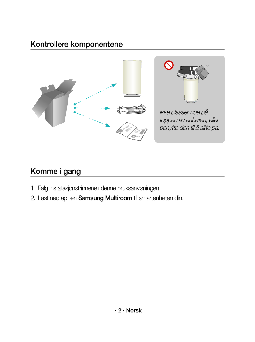 Samsung WAM3501/XE manual Kontrollere komponentene, Komme i gang, · 2 · Norsk 