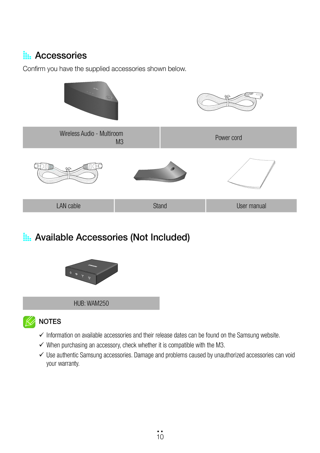 Samsung WAM350/SQ manual AA Accessories, AA Available Accessories Not Included 