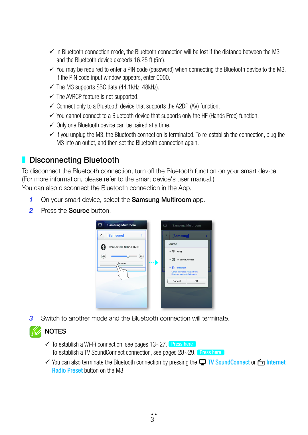 Samsung WAM350/SQ manual Disconnecting Bluetooth, 99Only one Bluetooth device can be paired at a time 