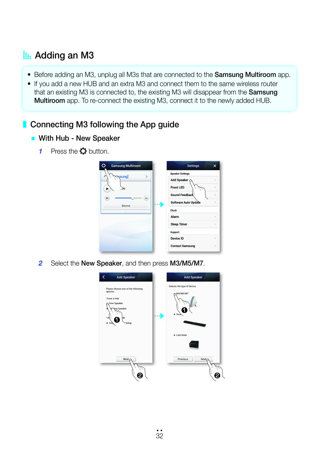 Samsung WAM350/SQ manual AA Adding an M3, Connecting M3 following the App guide, `` With Hub New Speaker 