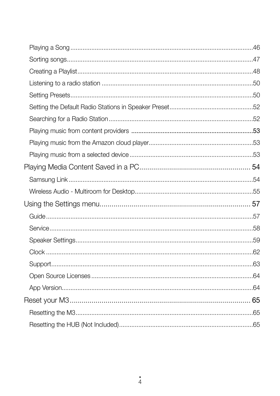 Samsung WAM350/SQ manual Playing Media Content Saved in a PC, Using the Settings menu, Reset your M3 