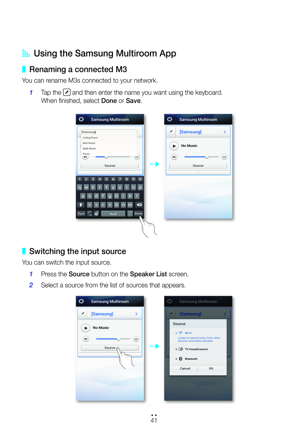 Samsung WAM350/SQ manual AA Using the Samsung Multiroom App, Renaming a connected M3, Switching the input source 