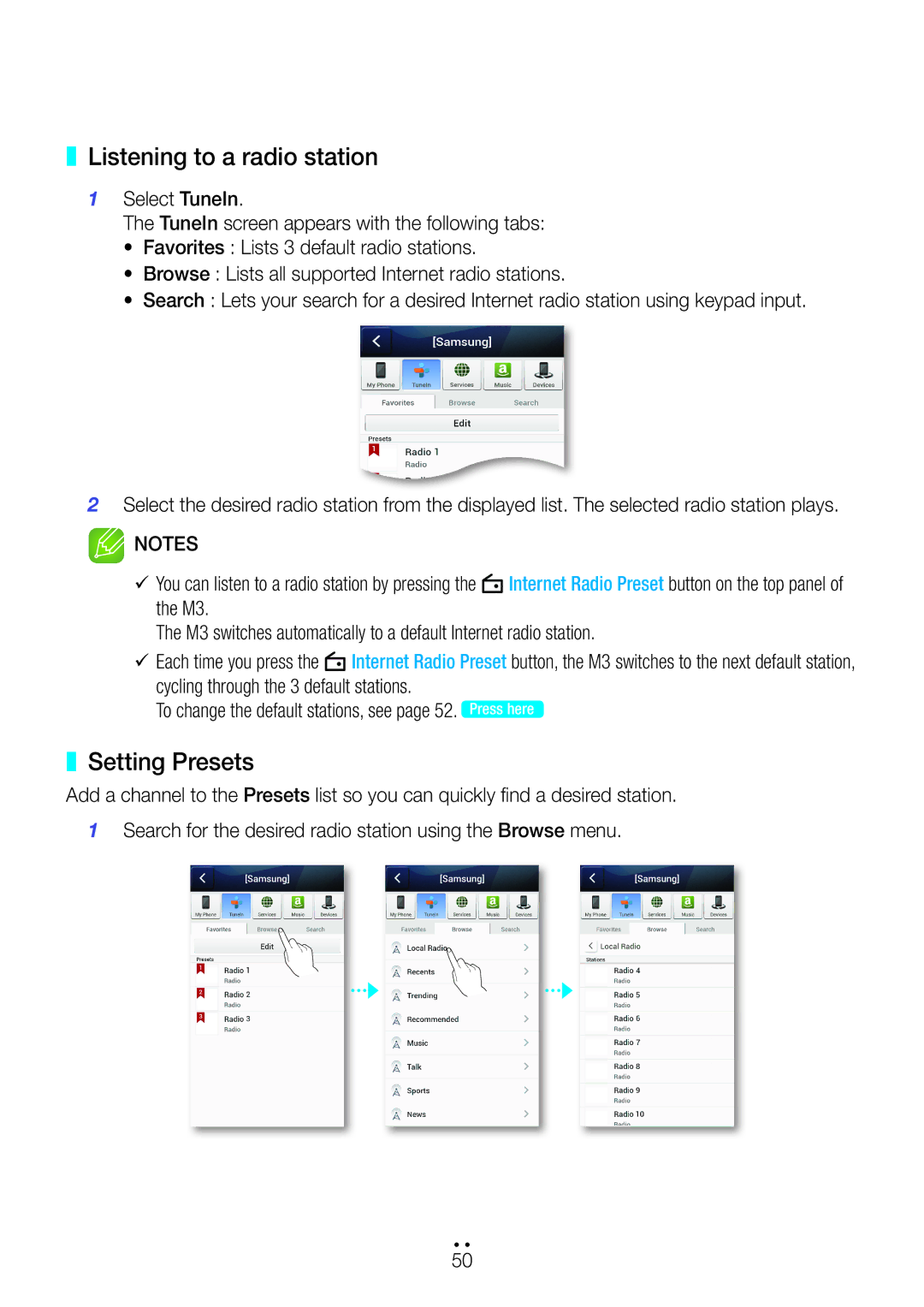 Samsung WAM350/SQ manual Listening to a radio station, Setting Presets 