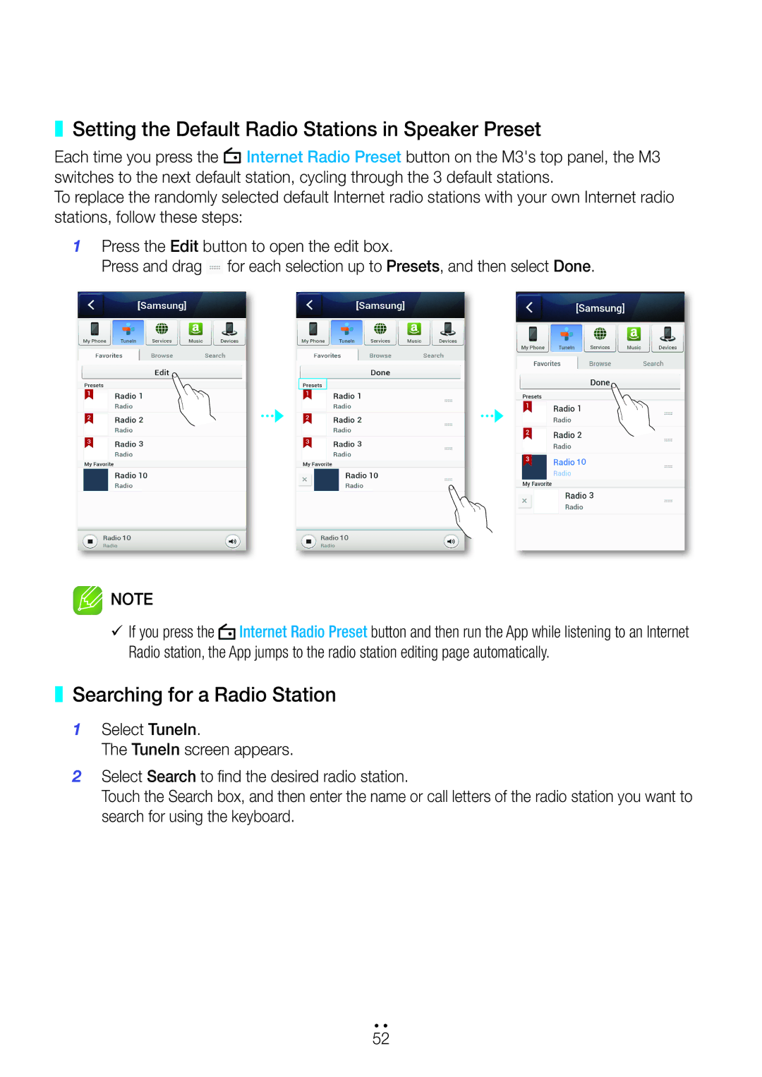 Samsung WAM350/SQ manual Setting the Default Radio Stations in Speaker Preset, Searching for a Radio Station 