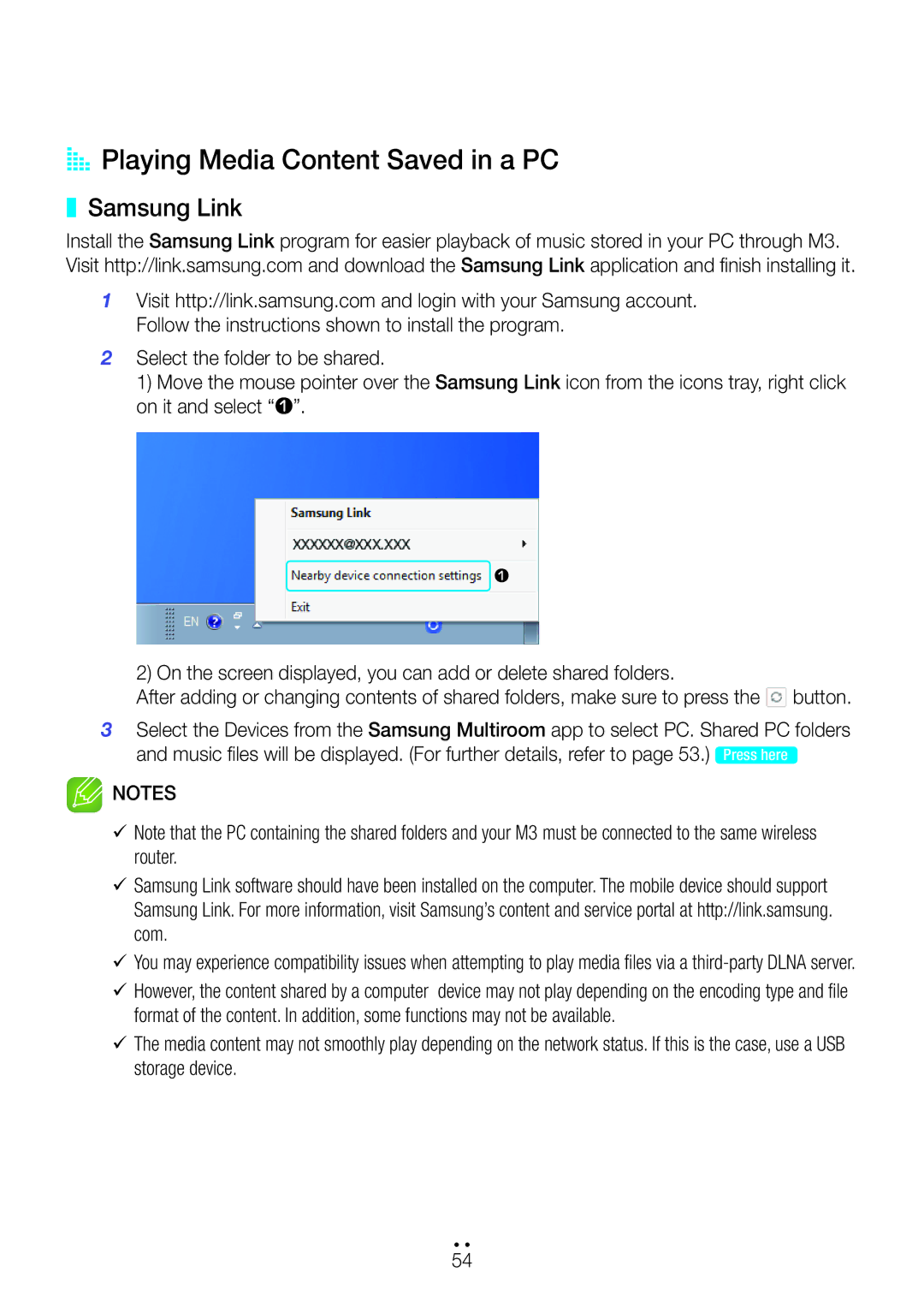 Samsung WAM350/SQ manual AA Playing Media Content Saved in a PC, Samsung Link 