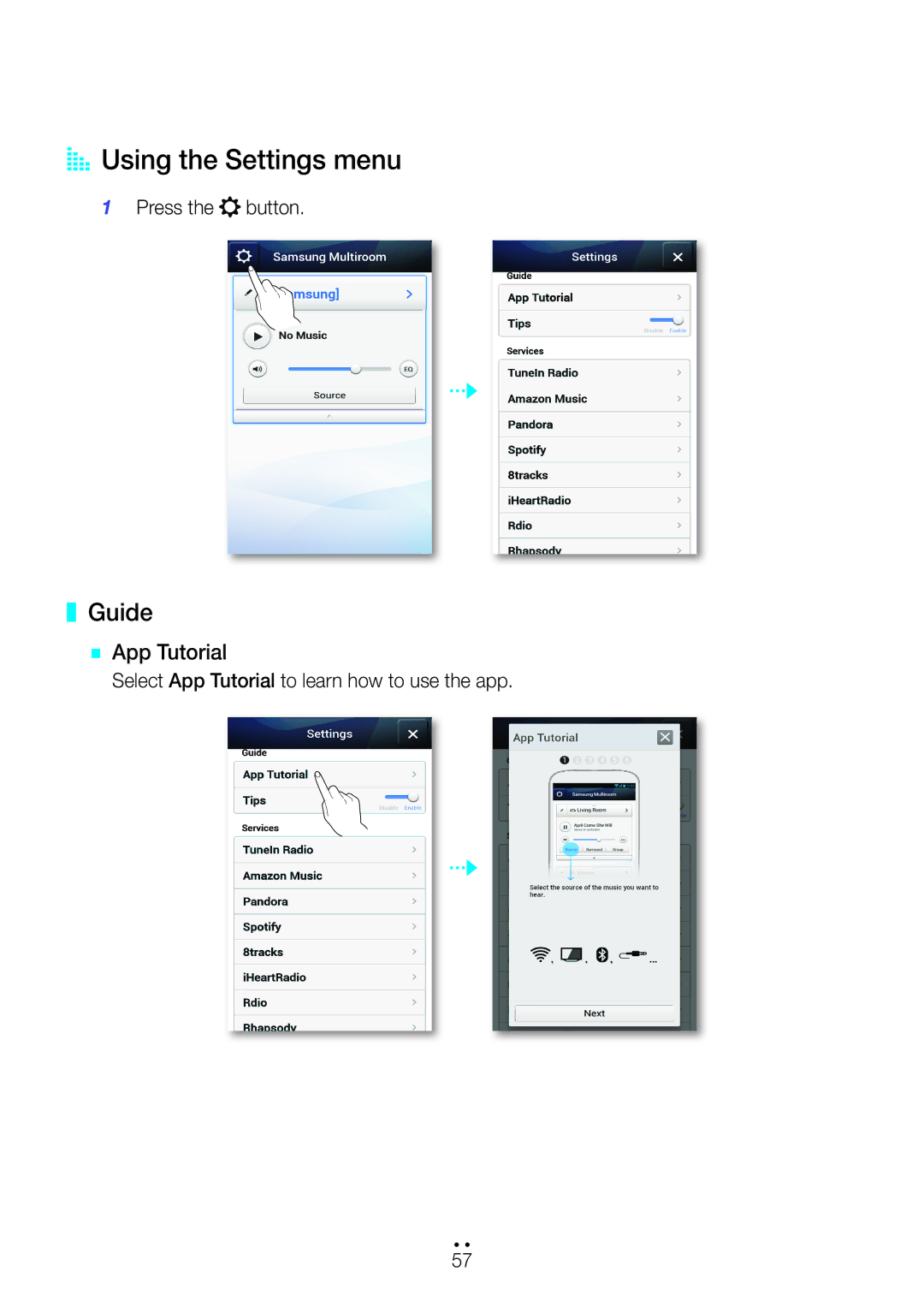 Samsung WAM350/SQ manual AAUsing the Settings menu, Guide, `` App Tutorial 