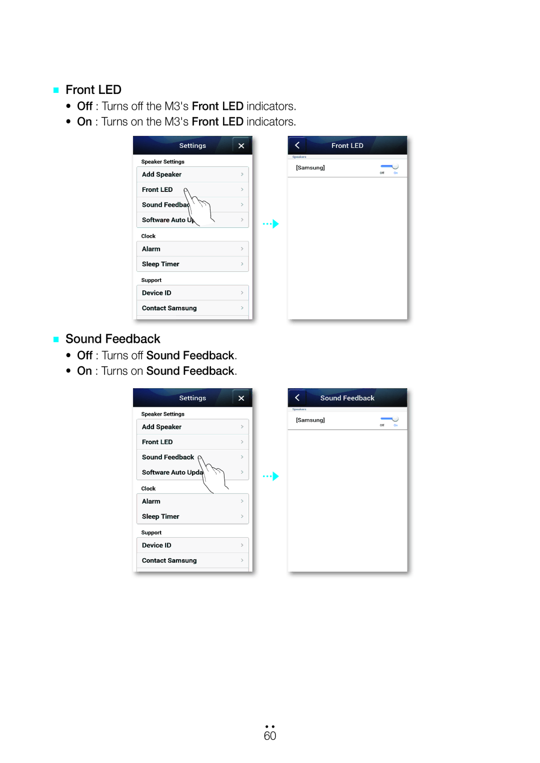 Samsung WAM350/SQ manual `` Front LED, `` Sound Feedback 