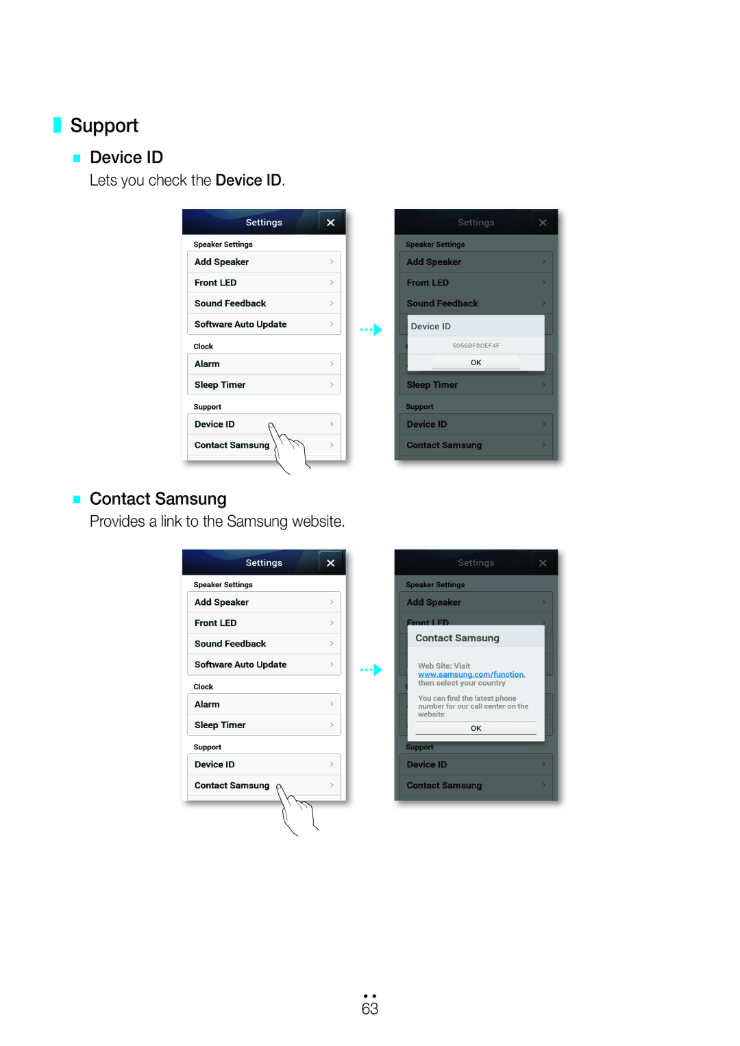 Samsung WAM350/SQ manual Support, `` Device ID, `` Contact Samsung 