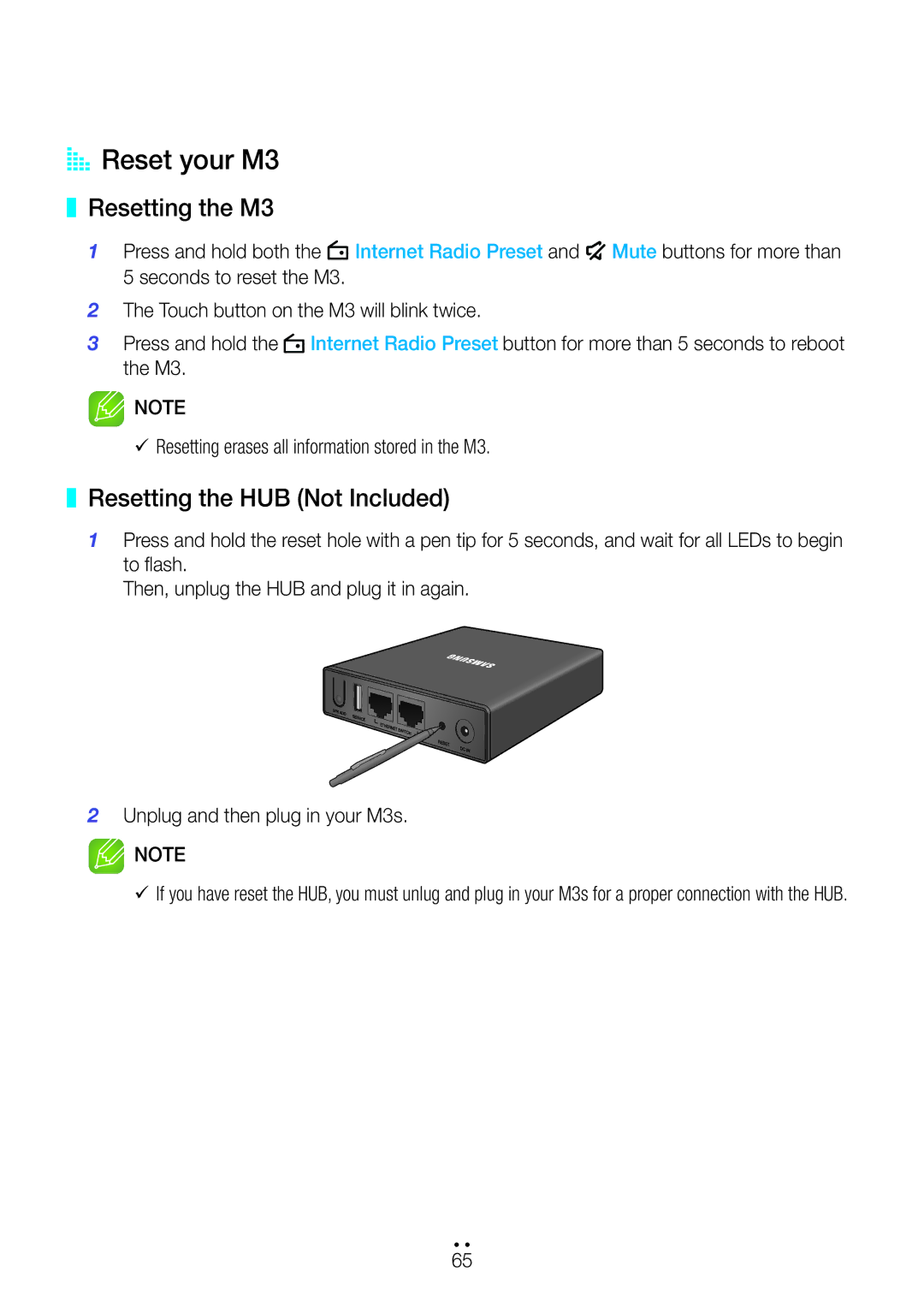 Samsung WAM350/SQ manual AA Reset your M3, Resetting the M3, Resetting the HUB Not Included 