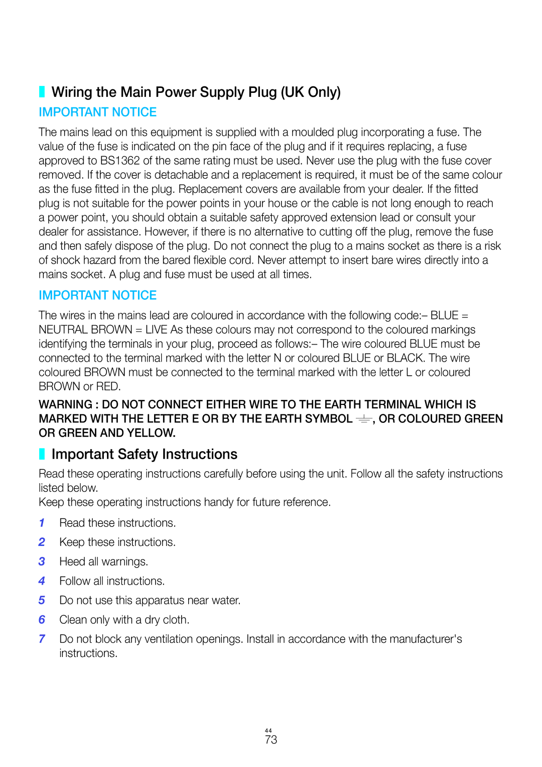 Samsung WAM350/SQ manual Wiring the Main Power Supply Plug UK Only, Important Safety Instructions 