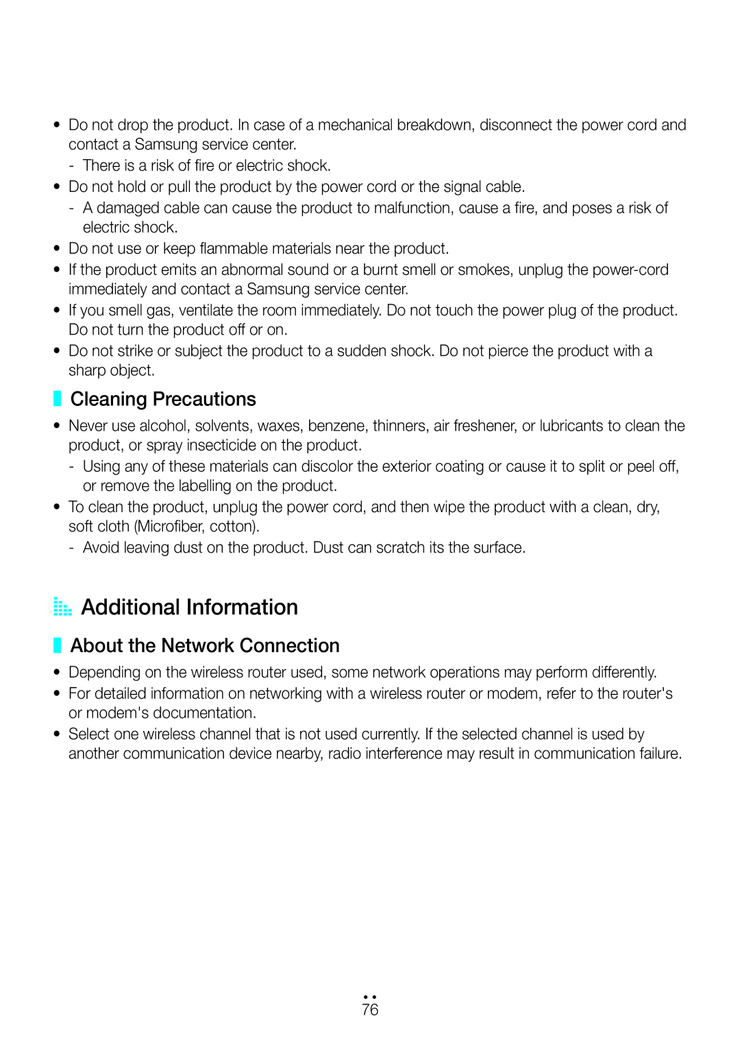 Samsung WAM350/SQ manual AA Additional Information, Cleaning Precautions, About the Network Connection 