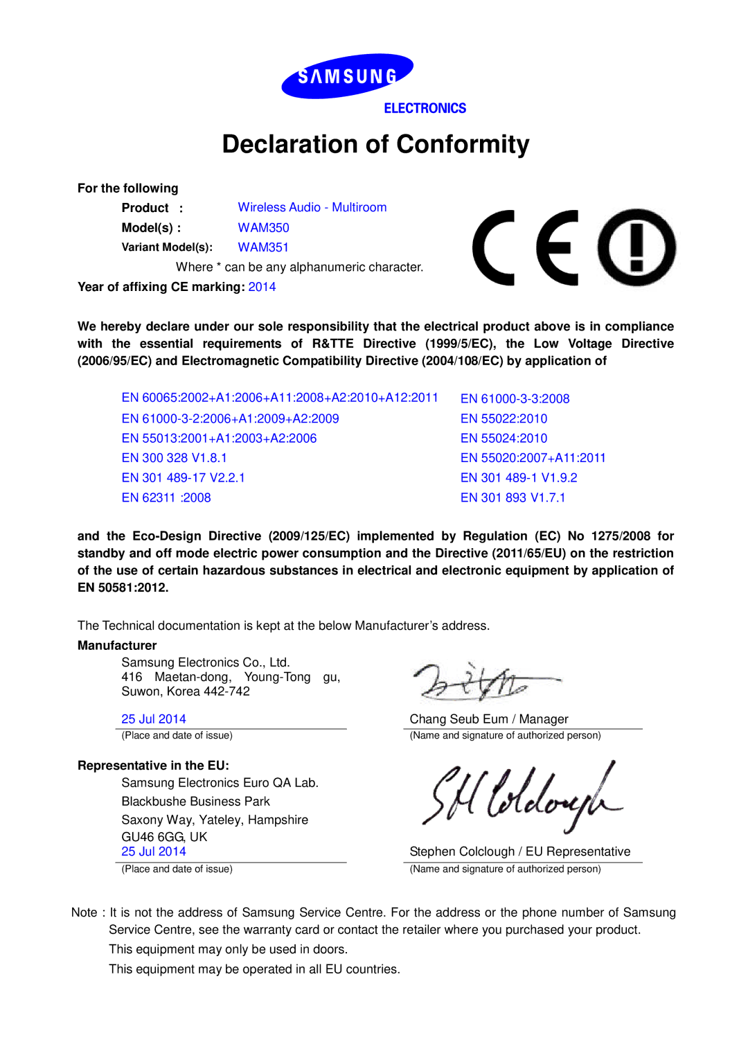 Samsung WAM551/EN, WAM351/EN, WAM751/EN manual Declaration of Conformity, For the following, Models WAM350, Manufacturer 