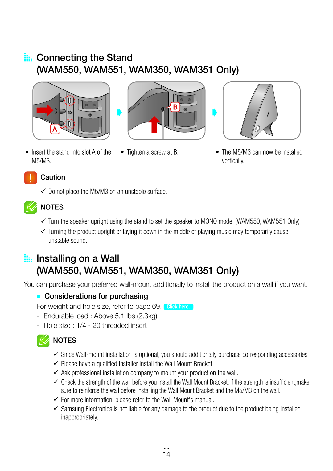 Samsung WAM551/XN, WAM351/EN AA Connecting the Stand WAM550, WAM551, WAM350, WAM351 Only, `` Considerations for purchasing 