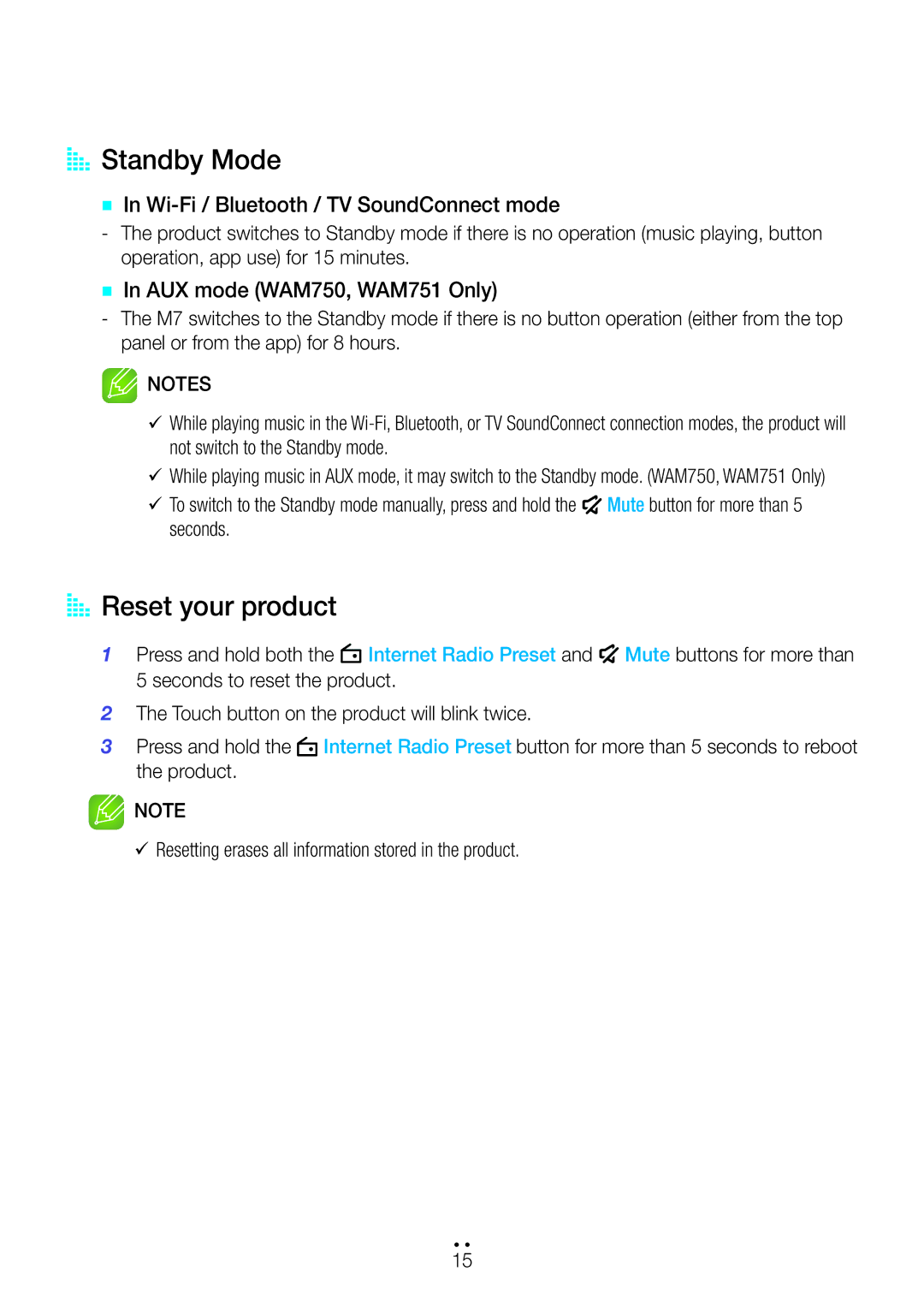 Samsung WAM351/XN manual AA Standby Mode, AA Reset your product, `` In Wi-Fi / Bluetooth / TV SoundConnect mode, Seconds 