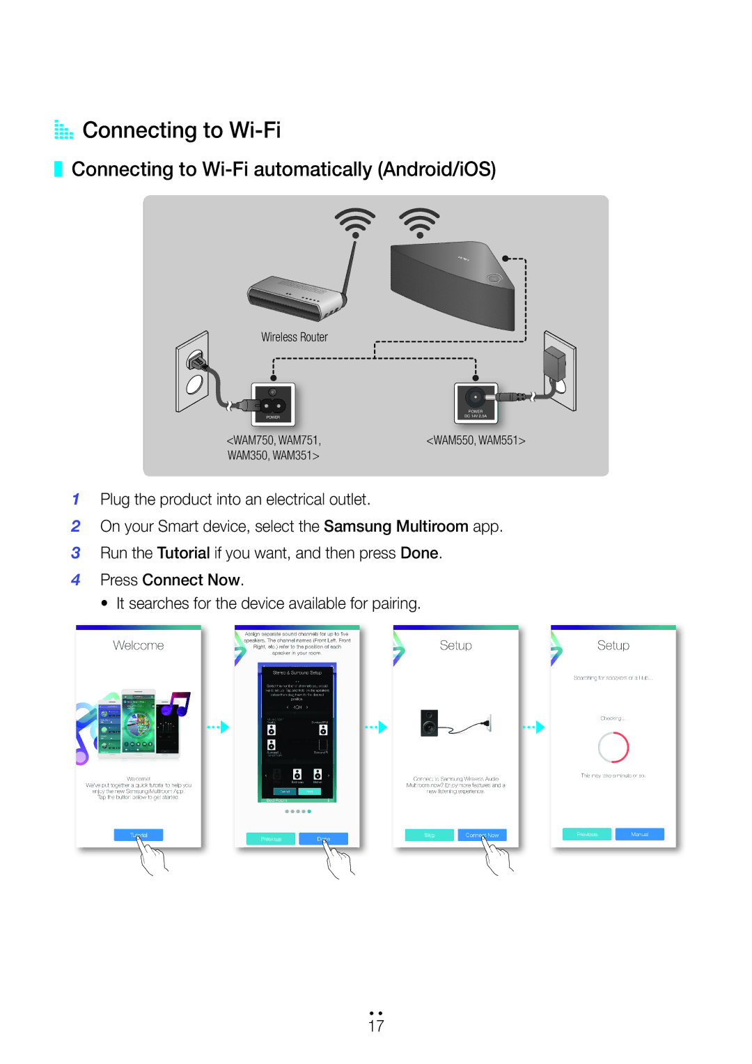 Samsung WAM751/XE, WAM351/EN, WAM551/EN, WAM751/EN AA Connecting to Wi-Fi, Connecting to Wi-Fi automatically Android/iOS 