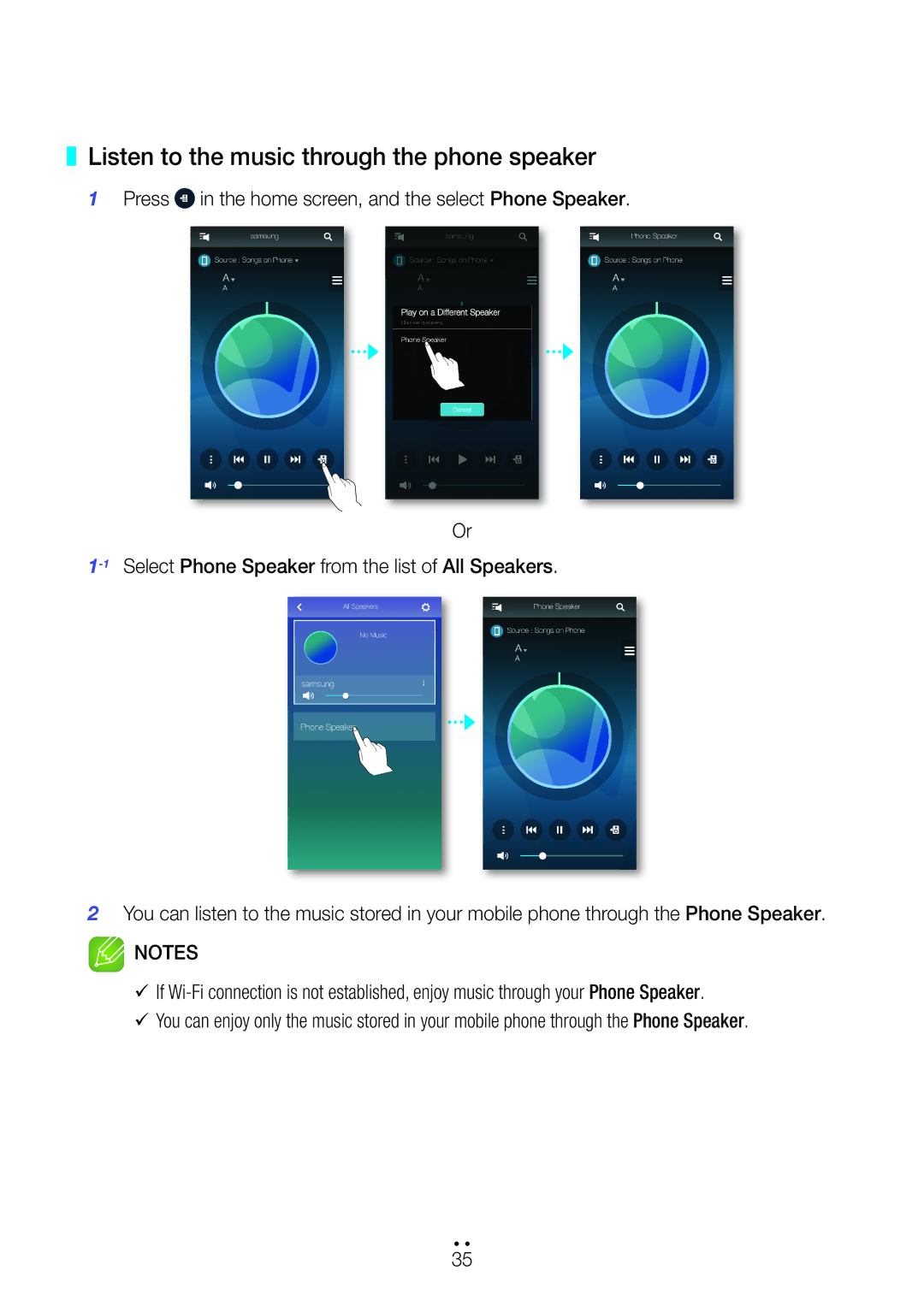 Samsung WAM551/ZF, WAM351/EN, WAM551/EN, WAM751/EN, WAM550/EN, WAM350/EN manual Listen to the music through the phone speaker 