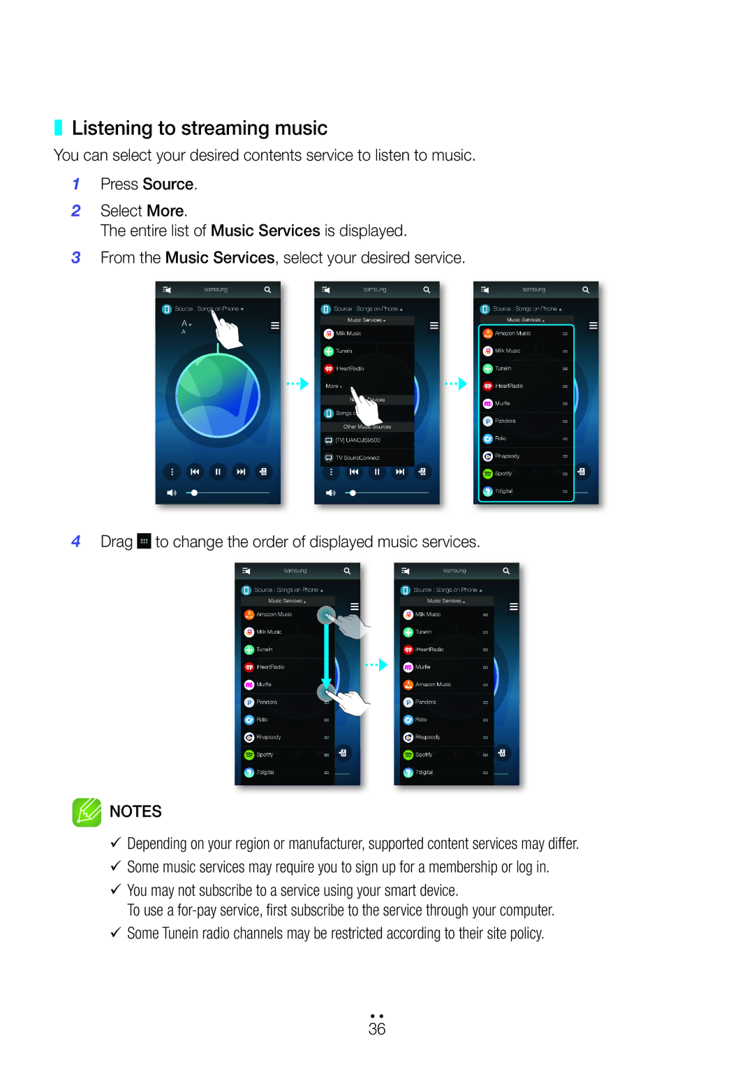 Samsung WAM751/ZF, WAM351/EN Listening to streaming music, 99You may not subscribe to a service using your smart device 