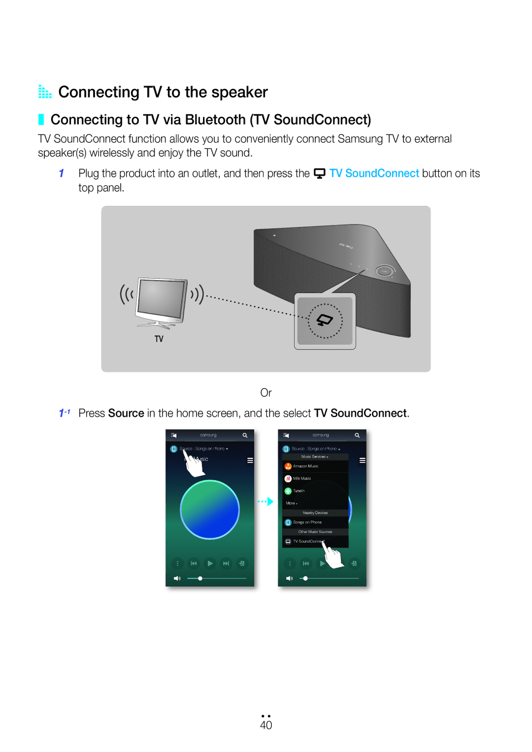 Samsung WAM350/ZF, WAM351/EN, WAM551/EN AA Connecting TV to the speaker, Connecting to TV via Bluetooth TV SoundConnect 