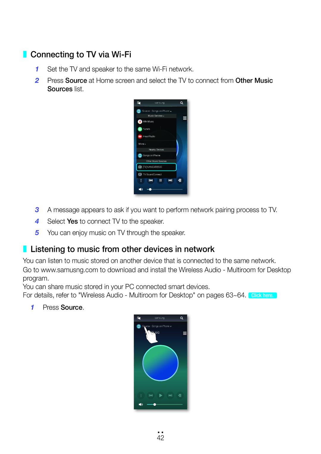 Samsung WAM550/XN, WAM351/EN, WAM551/EN manual Connecting to TV via Wi-Fi, Listening to music from other devices in network 