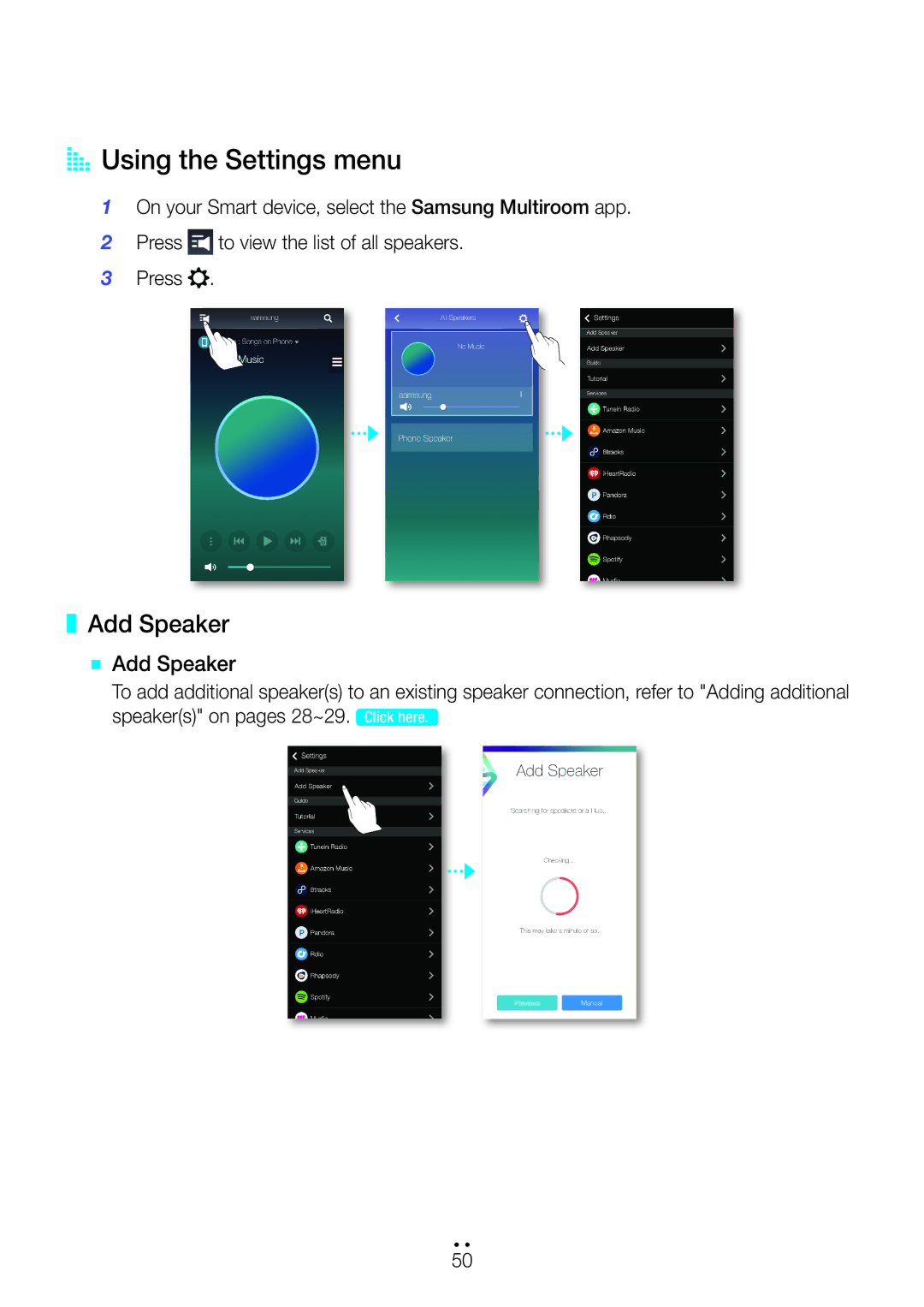 Samsung WAM350/XE, WAM351/EN, WAM551/EN, WAM751/EN, WAM550/EN, WAM350/EN manual AA Using the Settings menu, `` Add Speaker 