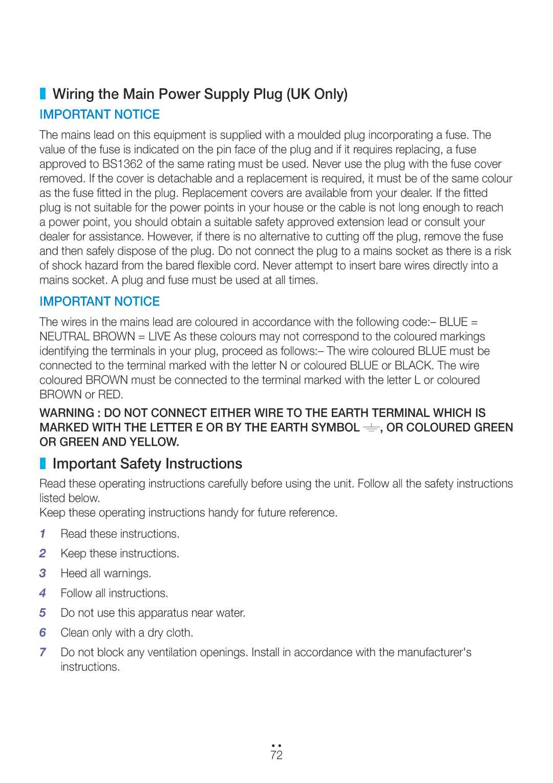 Samsung WAM551/XN, WAM351/EN, WAM551/EN, WAM751/EN Wiring the Main Power Supply Plug UK Only, Important Safety Instructions 