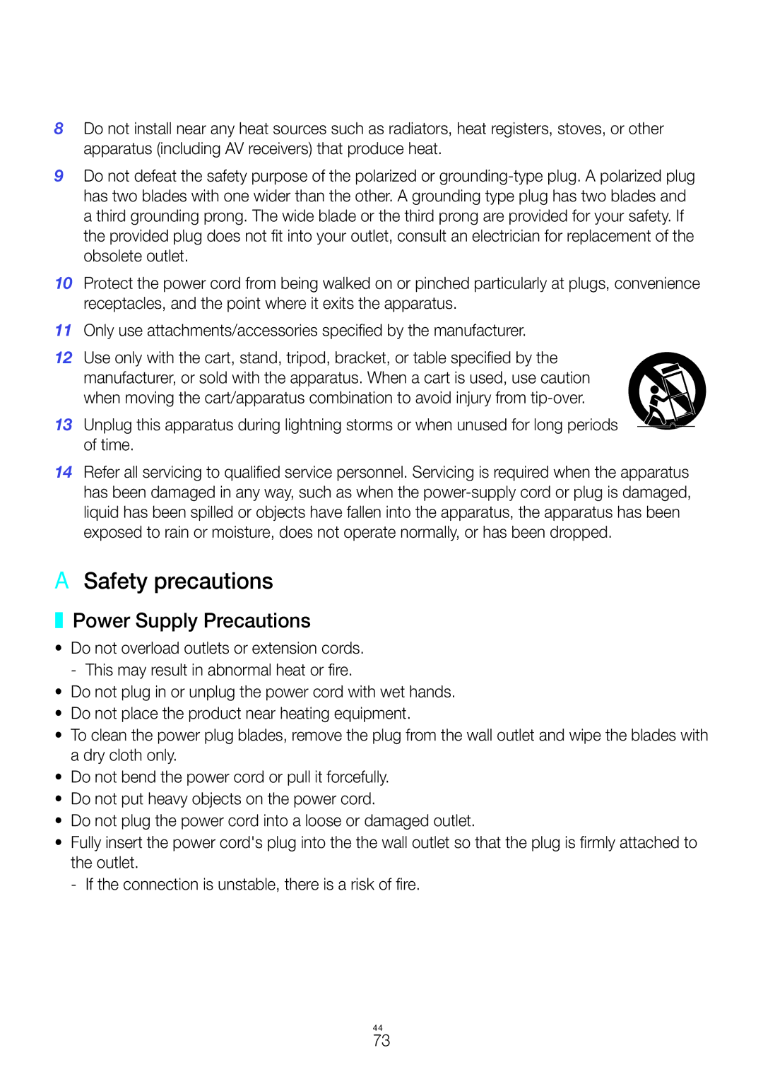 Samsung WAM351/XN, WAM351/EN, WAM551/EN, WAM751/EN, WAM550/EN, WAM350/EN manual AA Safety precautions, Power Supply Precautions 