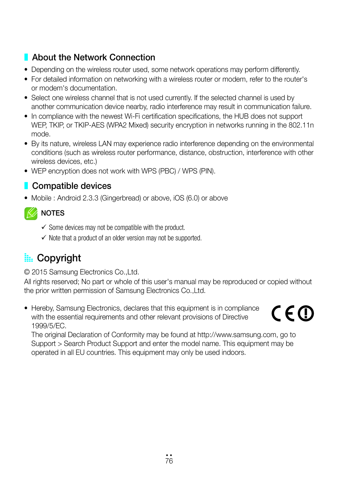 Samsung WAM550/XE, WAM351/EN, WAM551/EN, WAM751/EN, WAM550/EN AA Copyright, About the Network Connection, Compatible devices 