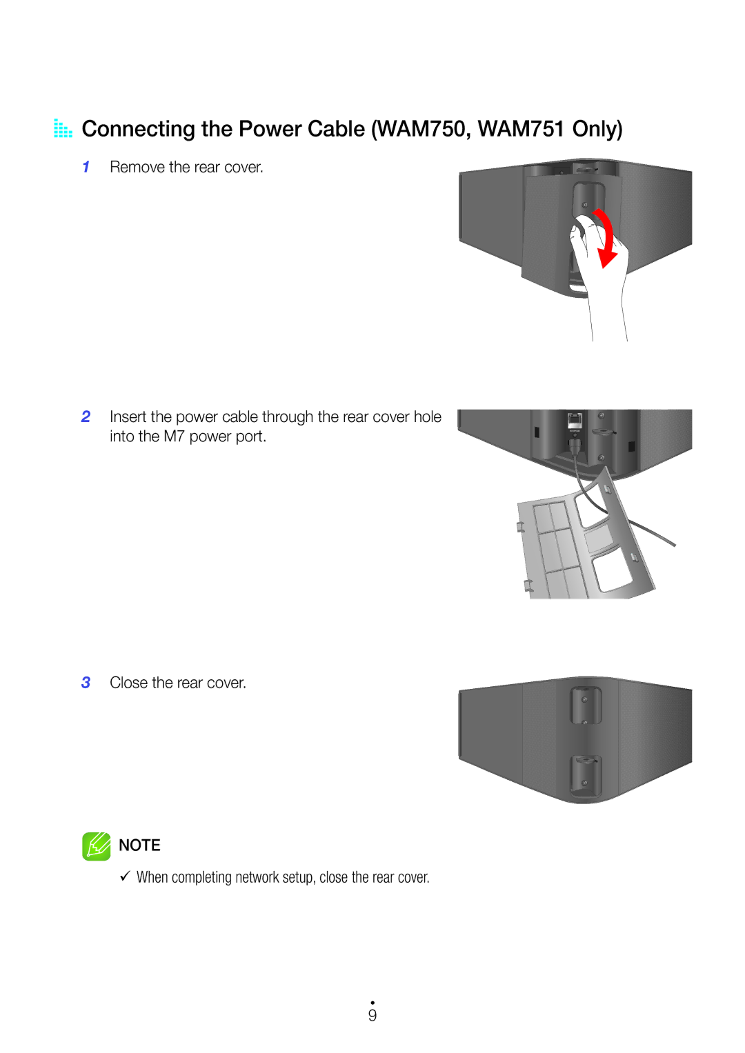 Samsung WAM351/ZF manual AA Connecting the Power Cable WAM750, WAM751 Only, Remove the rear cover, Close the rear cover 