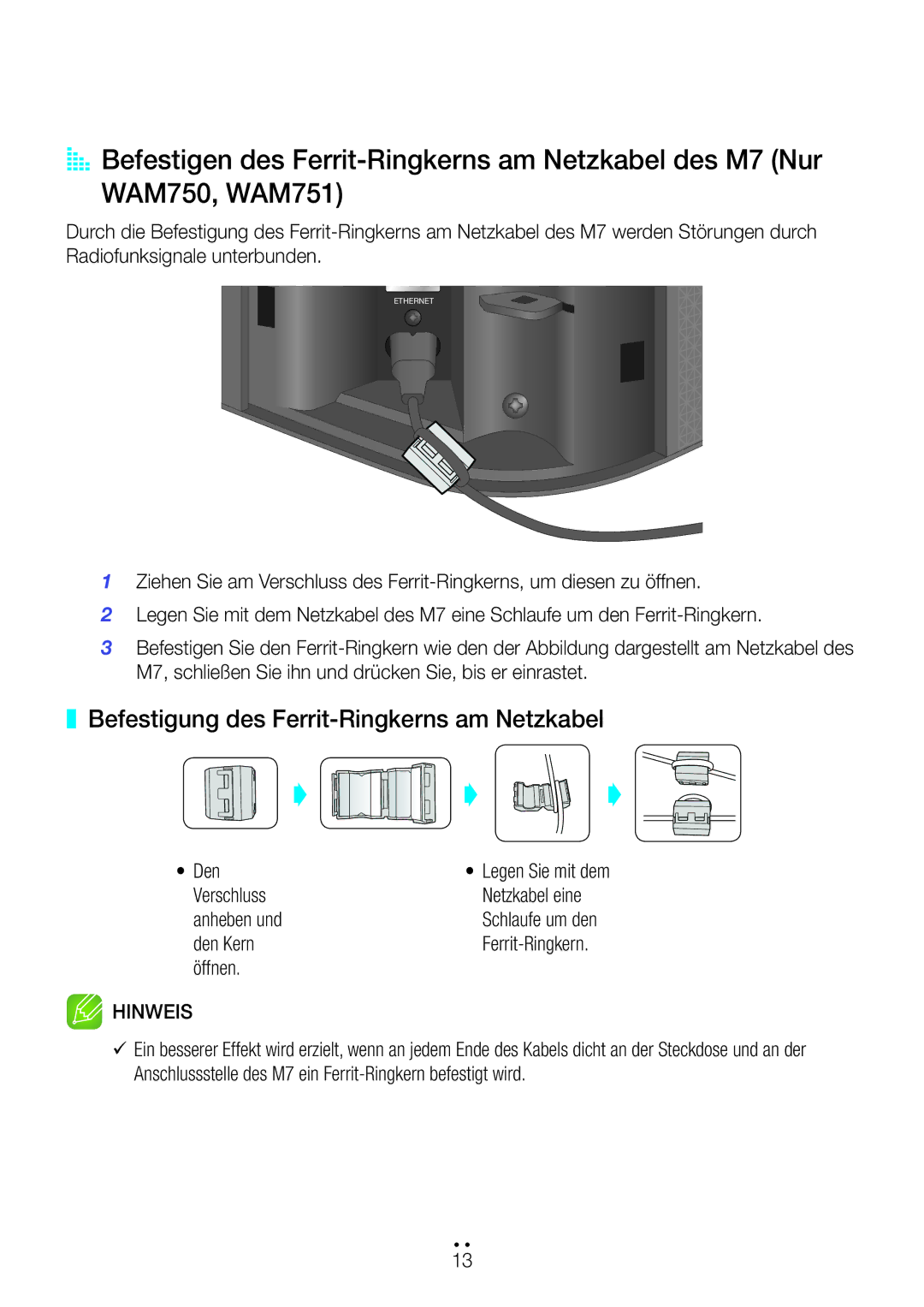 Samsung WAM551/EN manual Befestigung des Ferrit-Ringkerns am Netzkabel, Verschluss Netzkabel eine Anheben und, Den Kern 